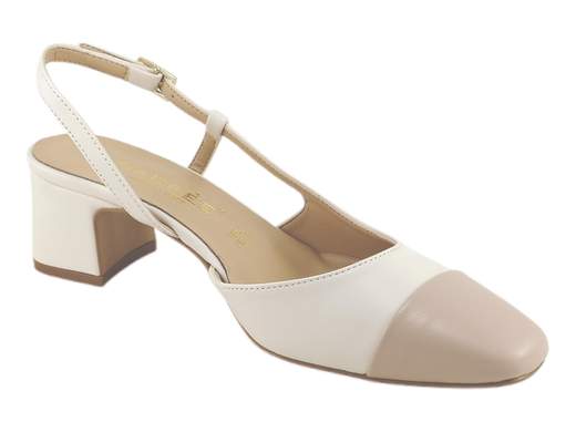 Décolleté bicolore Nacrée con tacco 4,5cm a blocco, cinturino regolabile e suola antiscivolo. Comfort classico e manifattura artigianale per cerimonie o ufficio.
