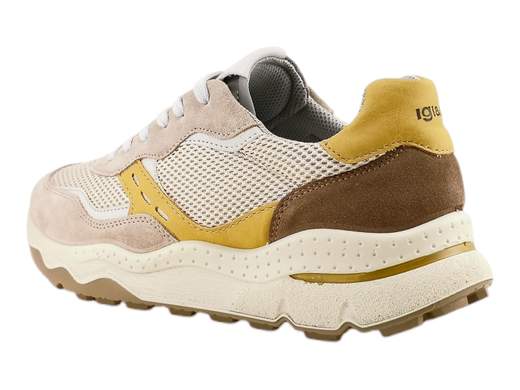 Sneaker IGI&CO Spes da uomo in camoscio e rete beige scuro con dettagli ocra, suola running 4,5 cm e memory foam Made in Italy.