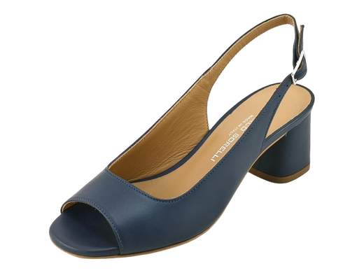 Sandalo elegante da donna in nappa blu con tacco a blocco, suola in cuoio e cinturino regolabile per cerimonie.