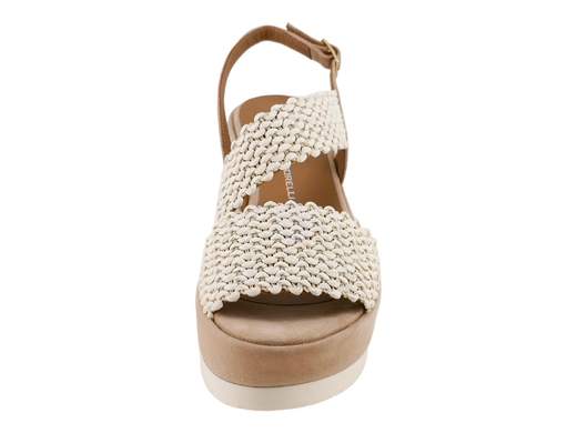 Sandalo elegante da donna Gianmarco Sorelli art 3085 con fasce in tessuto raffia color milk, cinturino e zeppa da 6 cm in camoscio velour taupe e suola Extralight panna.