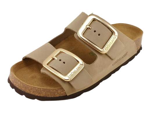 Ciabatta da donna Grünland Enny art. CB0076 color kaki in pelle nabuk con due fasce regolabili e grandi fibbie.