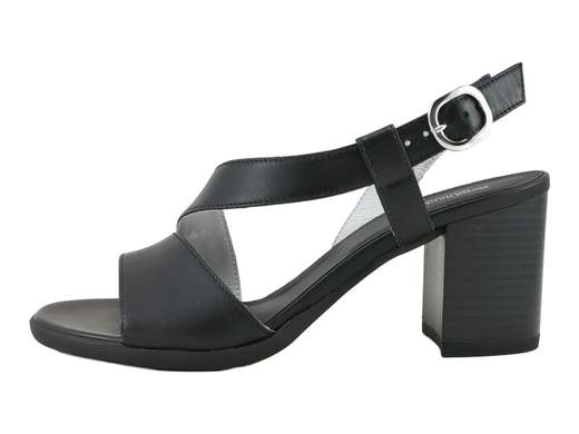 Raffinato sandalo da donna NeroGiardini con tacco a blocco di 6,5 cm, doppia fascia in pelle con fibbia e suola antiscivolo, disponibile in nero e lino.