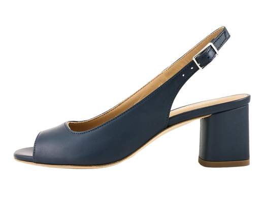 Sandalo elegante da donna in nappa blu con tacco a blocco, suola in cuoio e cinturino regolabile per cerimonie.