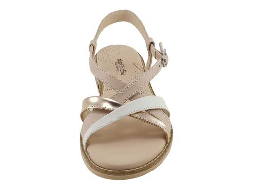 Sandalo basso donna NeroGiardini con listini in pelle multicolore cuoio e rosa armenia, dettagli a specchio, sottopiede imbottito e tacco 2 cm.
