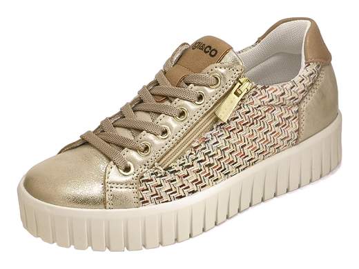 Sneaker laminata con dettaglio rafia, doppia chiusura zip e lacci, plantare estraibile e suola platform 3,5cm in poliuretano per una camminata ammortizzata e leggera.