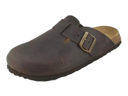 Sabot estivo da uomo Grünland Bobo art. CB2224 in pelle nabuk ingrassato mogano con fibbia regolabile e fondo in sughero naturale.