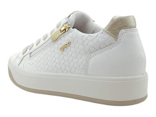 Sneaker in pelle intrecciata con doppia chiusura zip e lacci, plantare estraibile e suola platform 3,5cm ammortizzata per un benessere quotidiano e uno stile dinamico Made in Italy.