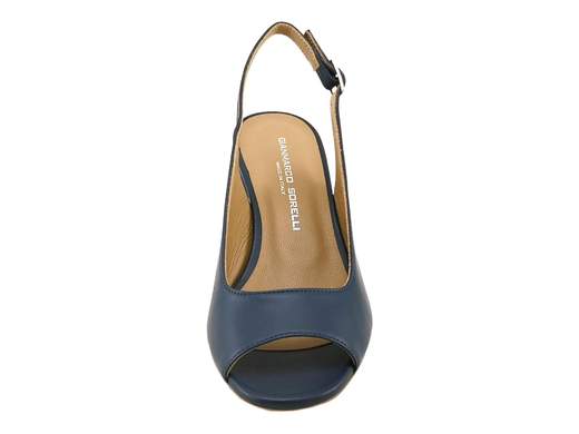 Sandalo elegante da donna in nappa blu con tacco a blocco, suola in cuoio e cinturino regolabile per cerimonie.