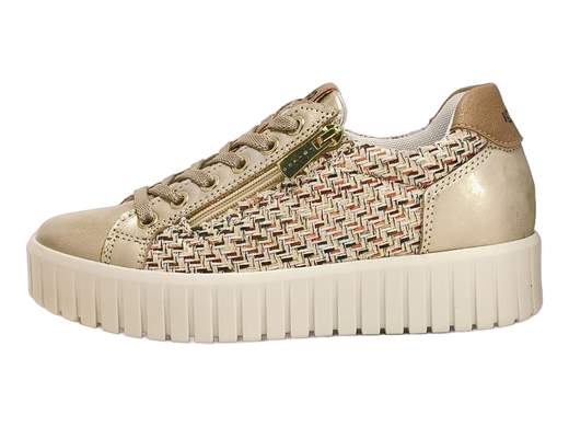 Sneaker laminata con dettaglio rafia, doppia chiusura zip e lacci, plantare estraibile e suola platform 3,5cm in poliuretano per una camminata ammortizzata e leggera.