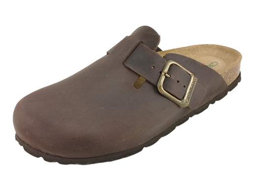 Sabot estivo da donna Grünland Sara art. CB9967 in nabuk ingrassato vintage color mogano con fibbia regolabile e fondo in sughero naturale.
