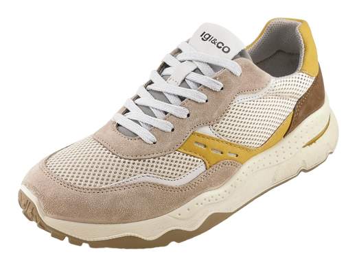 Sneaker IGI&CO Spes da uomo in camoscio e rete beige scuro con dettagli ocra, suola running 4,5 cm e memory foam Made in Italy.