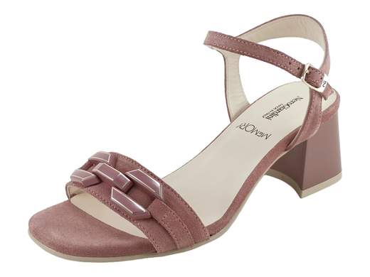 Elegante sandalo NeroGiardini in pelle scamosciata velour colori mou e rosa, tacco a blocco 5,5 cm, accessorio in tinta e sottopiede imbottito Memory, Made in Italy.