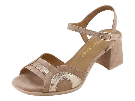 Sandalo elegante da donna in camoscio castoro Gianmarco Sorelli con tacco a blocco da 5 cm e inserto laminato rame per cerimonie e serate chic.