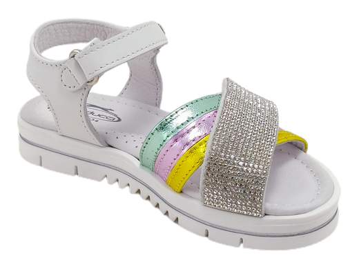 Sandalo Balducci GRIG1084: scintilla di stile per le piccole star!<br />Tomaia in pelle e strass regolabile, plantare imbottito e fondo platform in gomma.