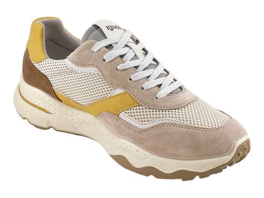 Sneaker IGI&CO Spes da uomo in camoscio e rete beige scuro con dettagli ocra, suola running 4,5 cm e memory foam Made in Italy.
