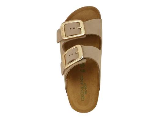 Ciabatta da donna Grünland Enny art. CB0076 color kaki in pelle nabuk con due fasce regolabili e grandi fibbie.