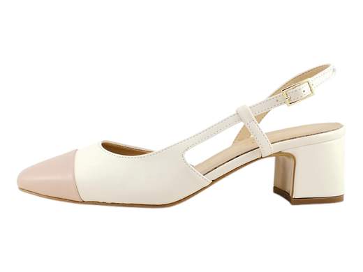 Décolleté bicolore Nacrée con tacco 4,5cm a blocco, cinturino regolabile e suola antiscivolo. Comfort classico e manifattura artigianale per cerimonie o ufficio.