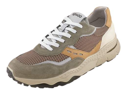 Sneaker IGI&CO Spes uomo in camoscio e rete verde militare con suola running da 4,5 cm e sottopiede memory foam Made in Italy.