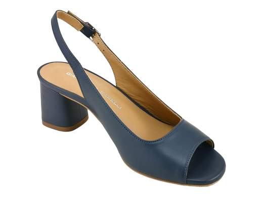 Sandalo elegante da donna in nappa blu con tacco a blocco, suola in cuoio e cinturino regolabile per cerimonie.