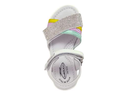 Sandalo Balducci GRIG1084: scintilla di stile per le piccole star!<br />Tomaia in pelle e strass regolabile, plantare imbottito e fondo platform in gomma.