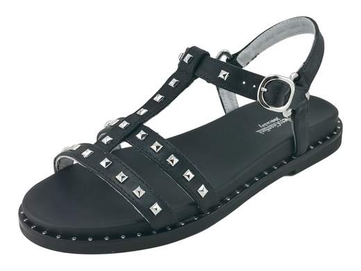 Sandalo basso donna NeroGiardini in pelle con borchie in acciaio, cinturino regolabile alla caviglia e sottopiede imbottito fussbett per un comfort urbano superiore.