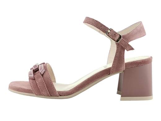 Elegante sandalo NeroGiardini in pelle scamosciata velour colori mou e rosa, tacco a blocco 5,5 cm, accessorio in tinta e sottopiede imbottito Memory, Made in Italy.