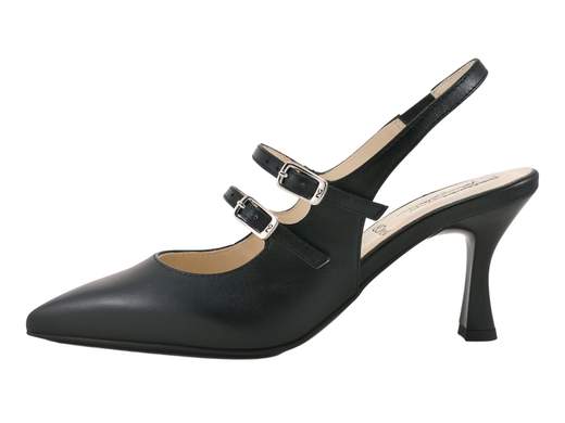 Elegante scarpa slingback NeroGiardini in pelle nera con tacco a rocchetto da 7 cm, punta affusolata e triplo cinturino di sicurezza, ideale per cerimonie e gala.