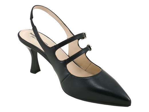 Elegante scarpa slingback NeroGiardini in pelle nera con tacco a rocchetto da 7 cm, punta affusolata e triplo cinturino di sicurezza, ideale per cerimonie e gala.