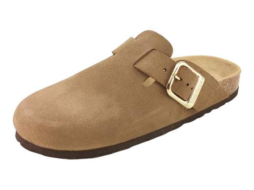 Sabot estivo da donna Grünland Sara art. CB2609 in morbida pelle scamosciata color tortora con fibbia dorata e fondo in sughero naturale.