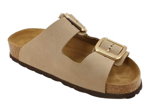 Ciabatta da donna Grünland Enny art. CB0076 color kaki in pelle nabuk con due fasce regolabili e grandi fibbie.