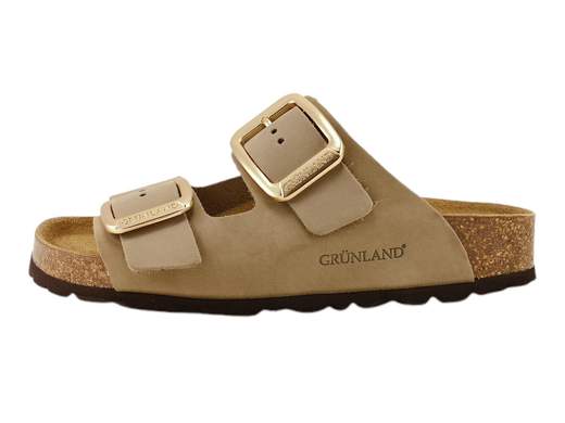 Ciabatta da donna Grünland Enny art. CB0076 color kaki in pelle nabuk con due fasce regolabili e grandi fibbie.