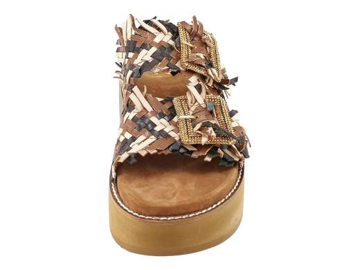 Ciabatta donna EKP Collections in pelle intrecciata multi-marrone con fibbie gioiello in strass e platform 5 cm.