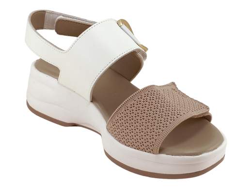 Sandali Comfort Rose Pelle Bianca e Tessuto Beige Donna Donna Serena - 9M6092DM