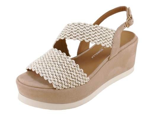 Sandalo elegante da donna Gianmarco Sorelli art 3085 con fasce in tessuto raffia color milk, cinturino e zeppa da 6 cm in camoscio velour taupe e suola Extralight panna.