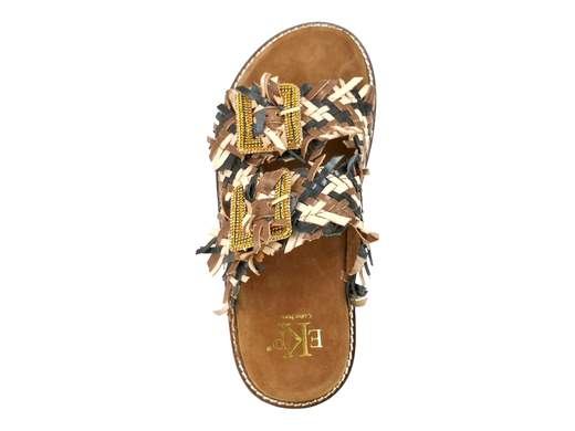 Ciabatta donna EKP Collections in pelle intrecciata multi-marrone con fibbie gioiello in strass e platform 5 cm.