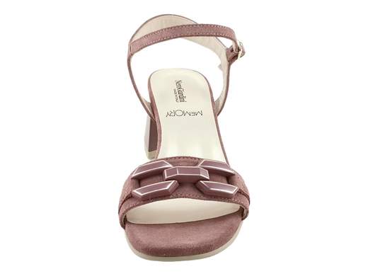 Elegante sandalo NeroGiardini in pelle scamosciata velour colori mou e rosa, tacco a blocco 5,5 cm, accessorio in tinta e sottopiede imbottito Memory, Made in Italy.