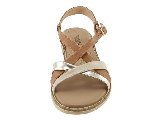 Sandalo basso donna NeroGiardini con listini in pelle multicolore cuoio e rosa armenia, dettagli a specchio, sottopiede imbottito e tacco 2 cm.