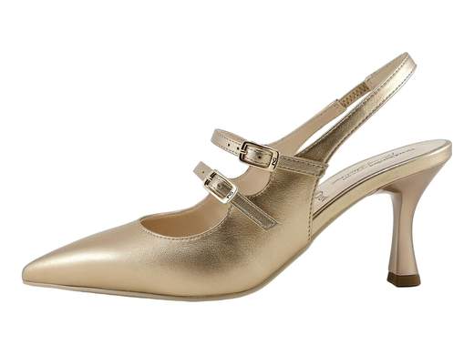 Elegante scarpa slingback NeroGiardini Premium in pelle laminata oro sandalo con tacco 7 cm, triplo cinturino e punta affusolata, ideale per cerimonie.
