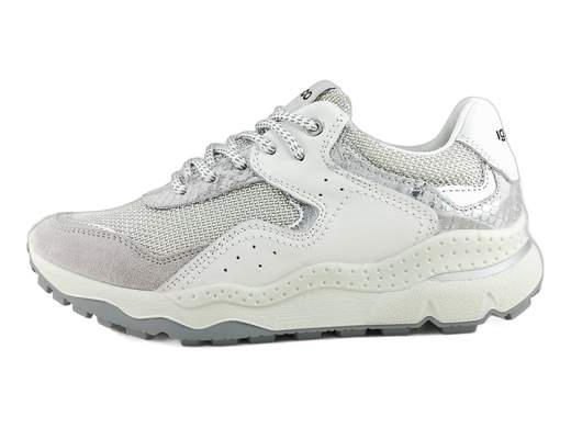 Sneaker running in pelle e tessuto con inserti argento suola platform 5cm ammortizzata e plantare memory foam per un comfort tecnologico quotidiano Made in Italy.