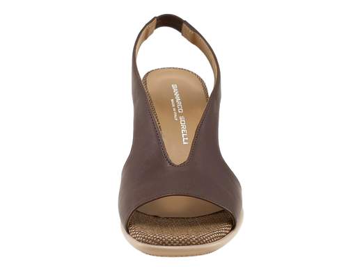 Sandalo elegante da donna Gianmarco Sorelli in pelle testa di moro con scollo a V, cinturino slingback elastico e tacco a blocco da 5 cm per cerimonie e serate glamour.
