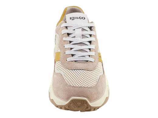 Sneaker IGI&CO Spes da uomo in camoscio e rete beige scuro con dettagli ocra, suola running 4,5 cm e memory foam Made in Italy.