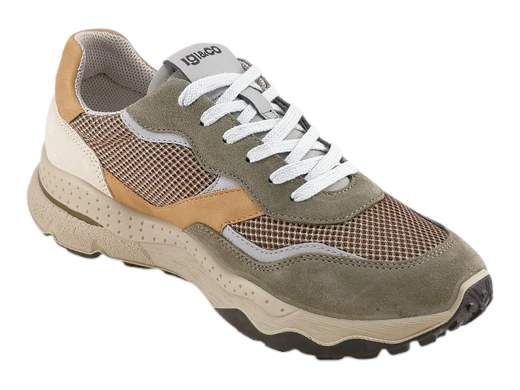 Sneaker IGI&CO Spes uomo in camoscio e rete verde militare con suola running da 4,5 cm e sottopiede memory foam Made in Italy.