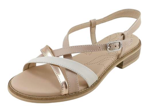 Sandalo basso donna NeroGiardini con listini in pelle multicolore cuoio e rosa armenia, dettagli a specchio, sottopiede imbottito e tacco 2 cm.
