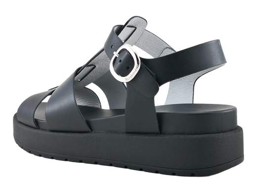 Sandalo donna NeroGiardini in pelle con suola platform da 3 cm, chiusura con fibbia e fussbett imbottito per un comfort urbano grintoso.