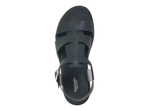 Sandalo donna NeroGiardini in pelle con suola platform da 3 cm, chiusura con fibbia e fussbett imbottito per un comfort urbano grintoso.