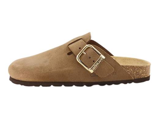 Sabot estivo da donna Grünland Sara art. CB2609 in morbida pelle scamosciata color tortora con fibbia dorata e fondo in sughero naturale.