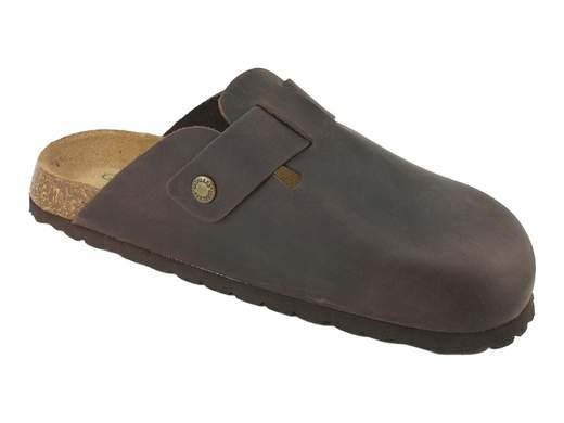 Sabot estivo da uomo Grünland Bobo art. CB2224 in pelle nabuk ingrassato mogano con fibbia regolabile e fondo in sughero naturale.
