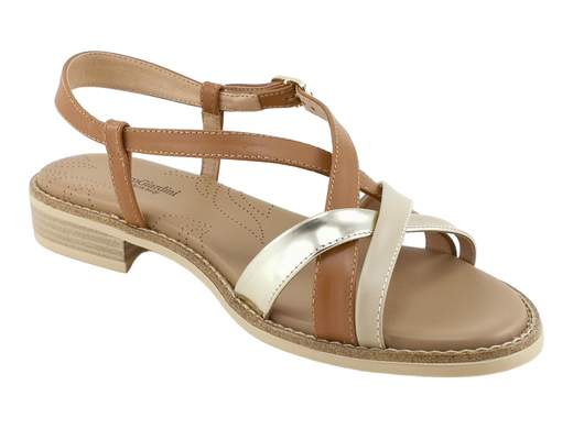 Sandalo basso donna NeroGiardini con listini in pelle multicolore cuoio e rosa armenia, dettagli a specchio, sottopiede imbottito e tacco 2 cm.