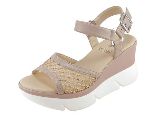 Sandalo donna NeroGiardini con zeppa bicolore 8 cm, tomaia in pelle e rete ricamata, cinturino regolabile e sottopiede memory per un look sportivo e grintoso.