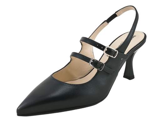 Elegante scarpa slingback NeroGiardini in pelle nera con tacco a rocchetto da 7 cm, punta affusolata e triplo cinturino di sicurezza, ideale per cerimonie e gala.